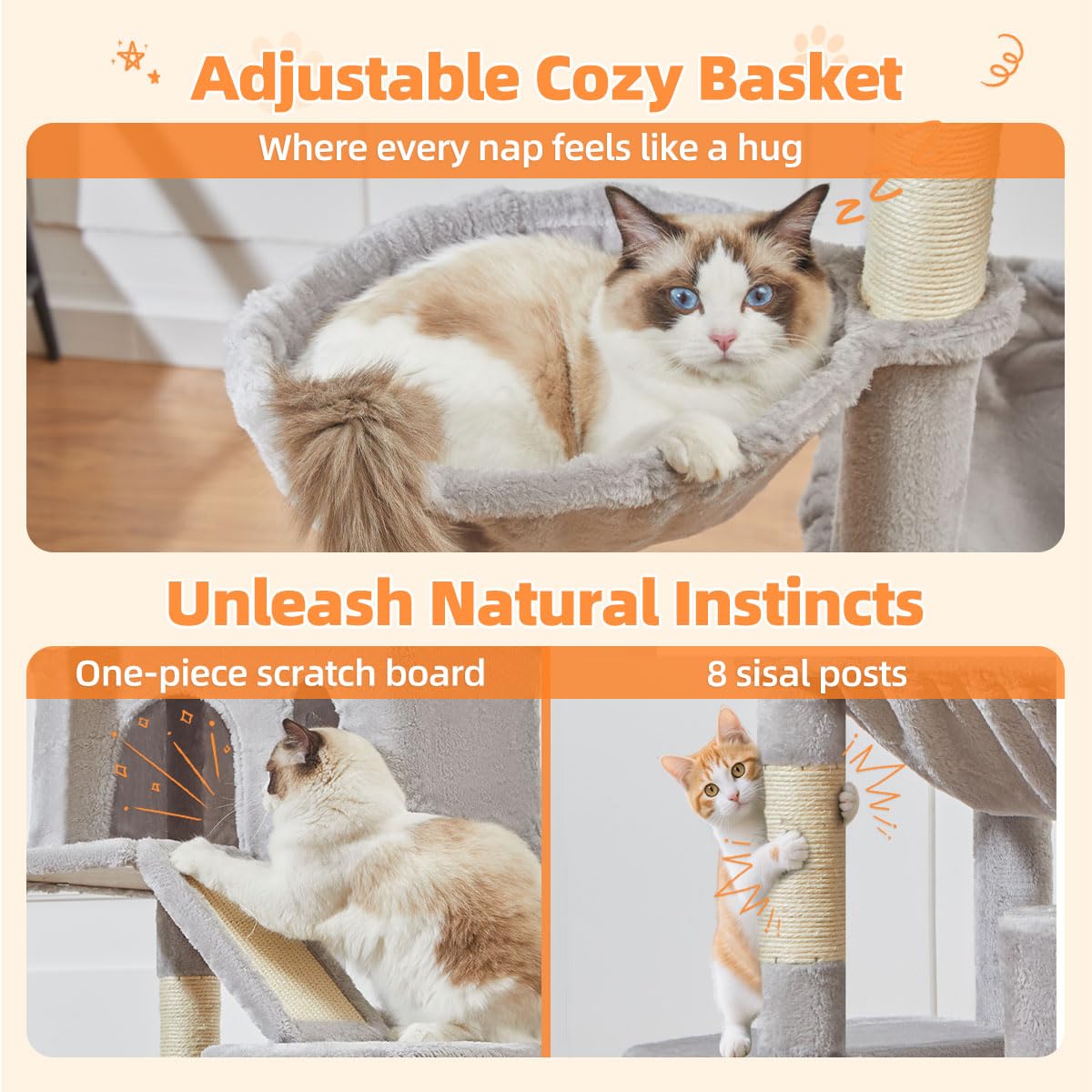 Taoqimiao Cat Tree 71-Inch Indoor Cat Condo | 8 Sisal Posts, 2 Top Perches