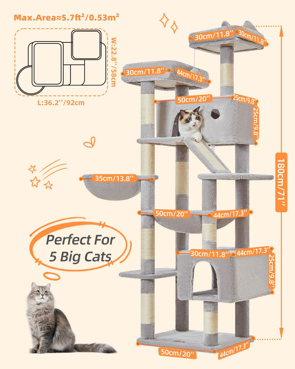 Taoqimiao Cat Tree 71-Inch Indoor Cat Condo | 8 Sisal Posts, 2 Top Perches