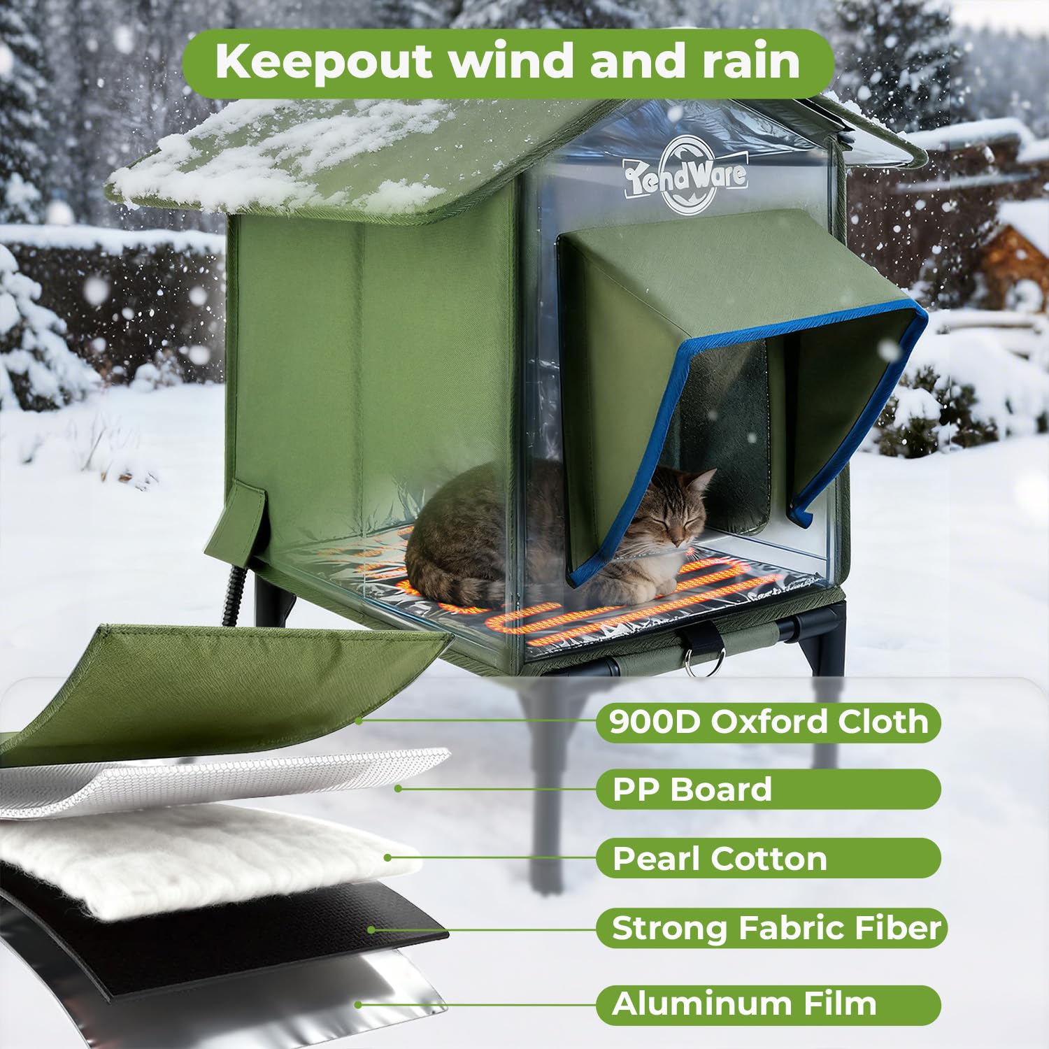 TENDWARE Outdoor Heated Cat House – Elevated Base & Weatherproof Shelter