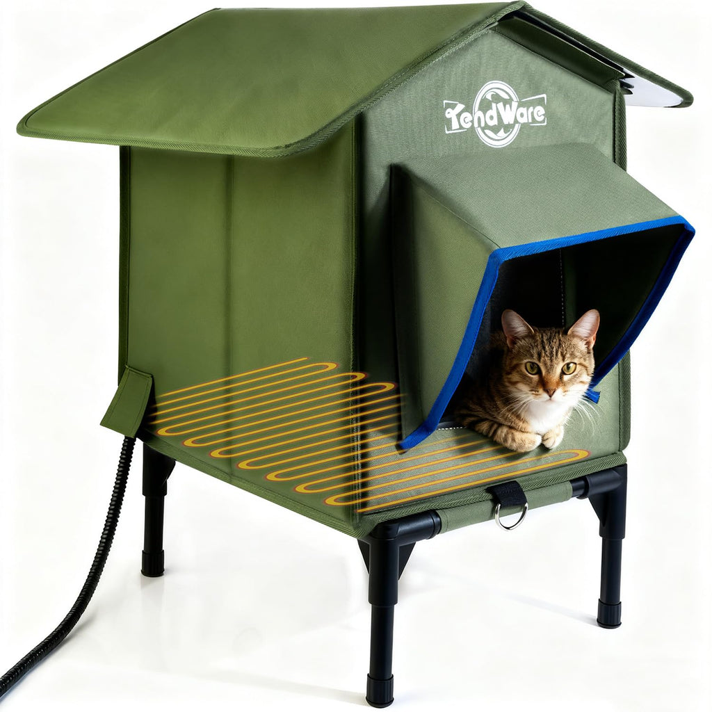 TENDWARE Outdoor Heated Cat House – Elevated Base & Weatherproof Shelter