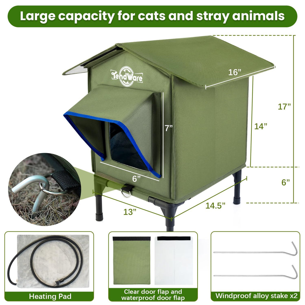 TENDWARE Outdoor Heated Cat House – Elevated Base & Weatherproof Shelter