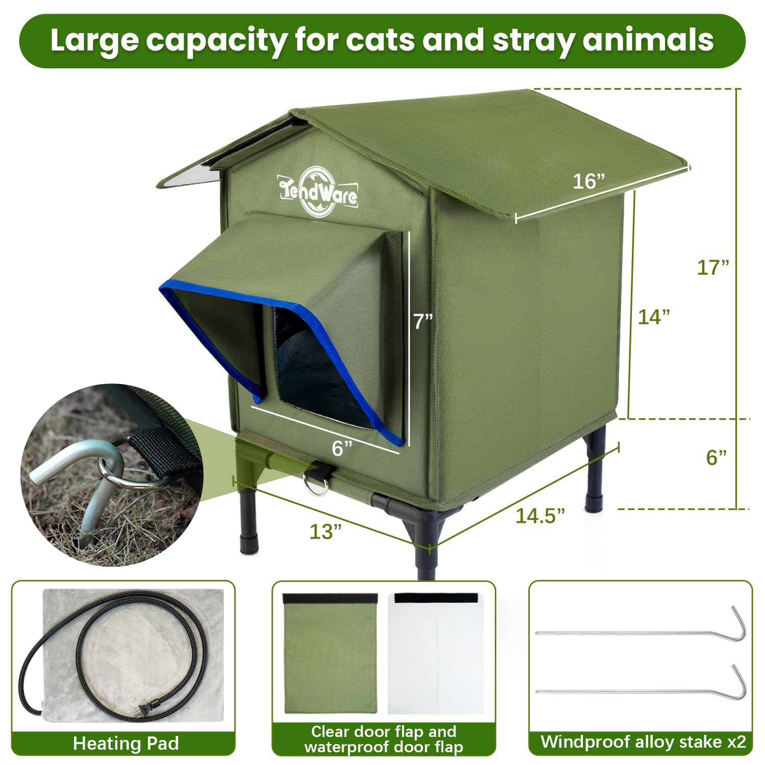 TENDWARE Outdoor Heated Cat House – Elevated Base & Weatherproof Shelter