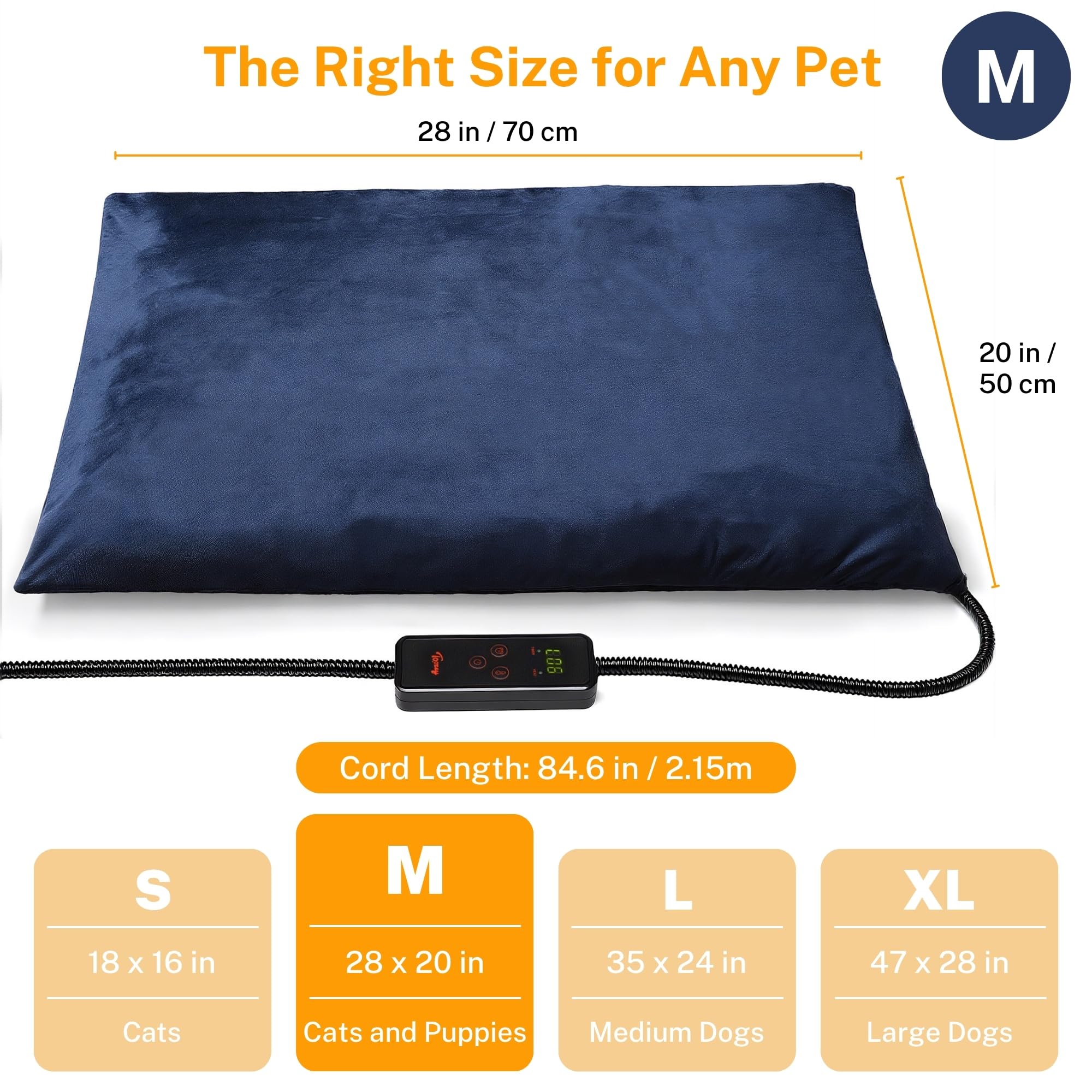 Toozey Pet Heating Pad — 6-Temp, Timer, Waterproof, 28x20in