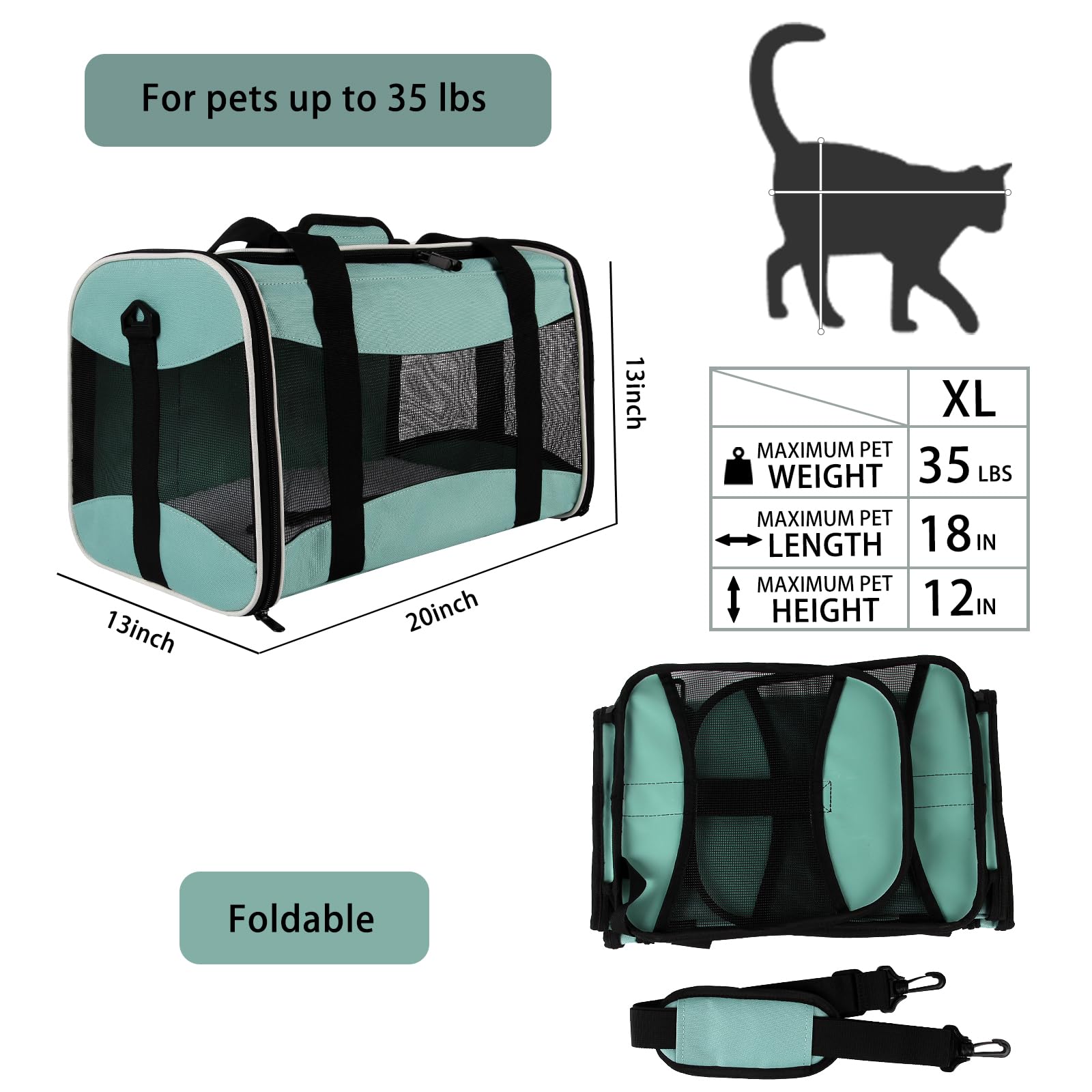 Top tasta Cat Carrier - Soft Sided Pet Carrier Up to 30 lb, Breathable & Collapsible (X-Large, Green)