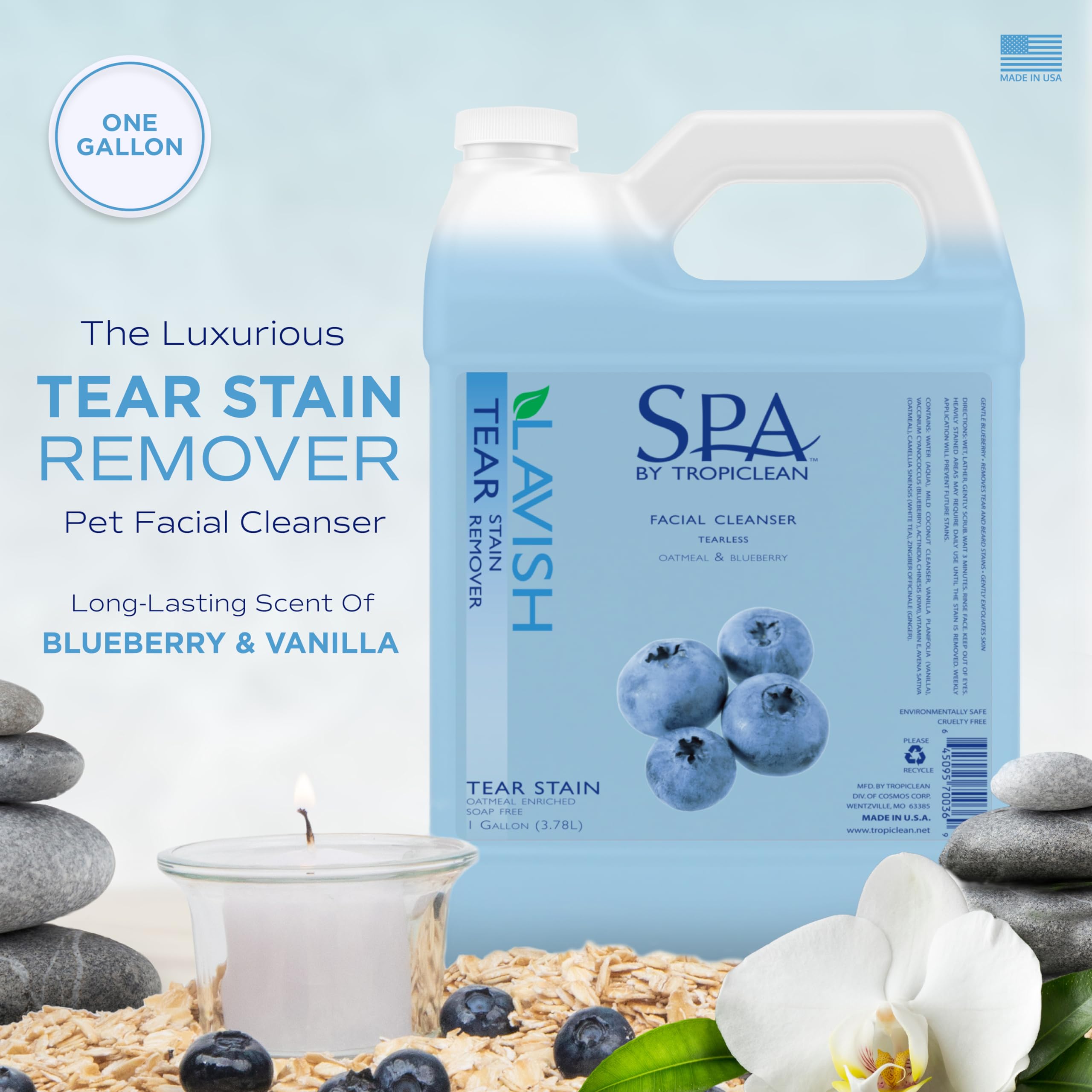 TropiClean SPA Tear Stain Remover for Dogs | Blueberry Facial Shampoo, Tearless & Whitening – Made in USA | 1 Gallon