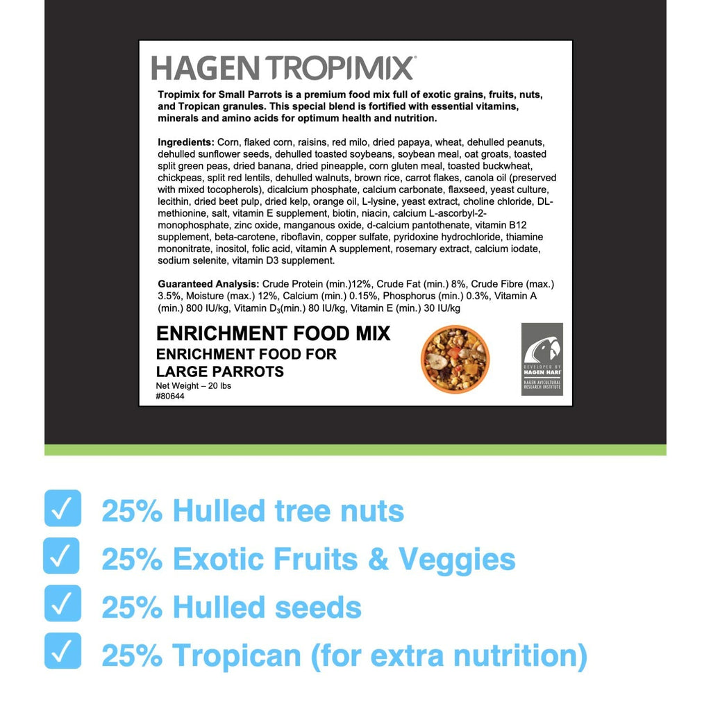 Hari Hagen Tropimix Enrichment Food for Small Parrots, 20 lb