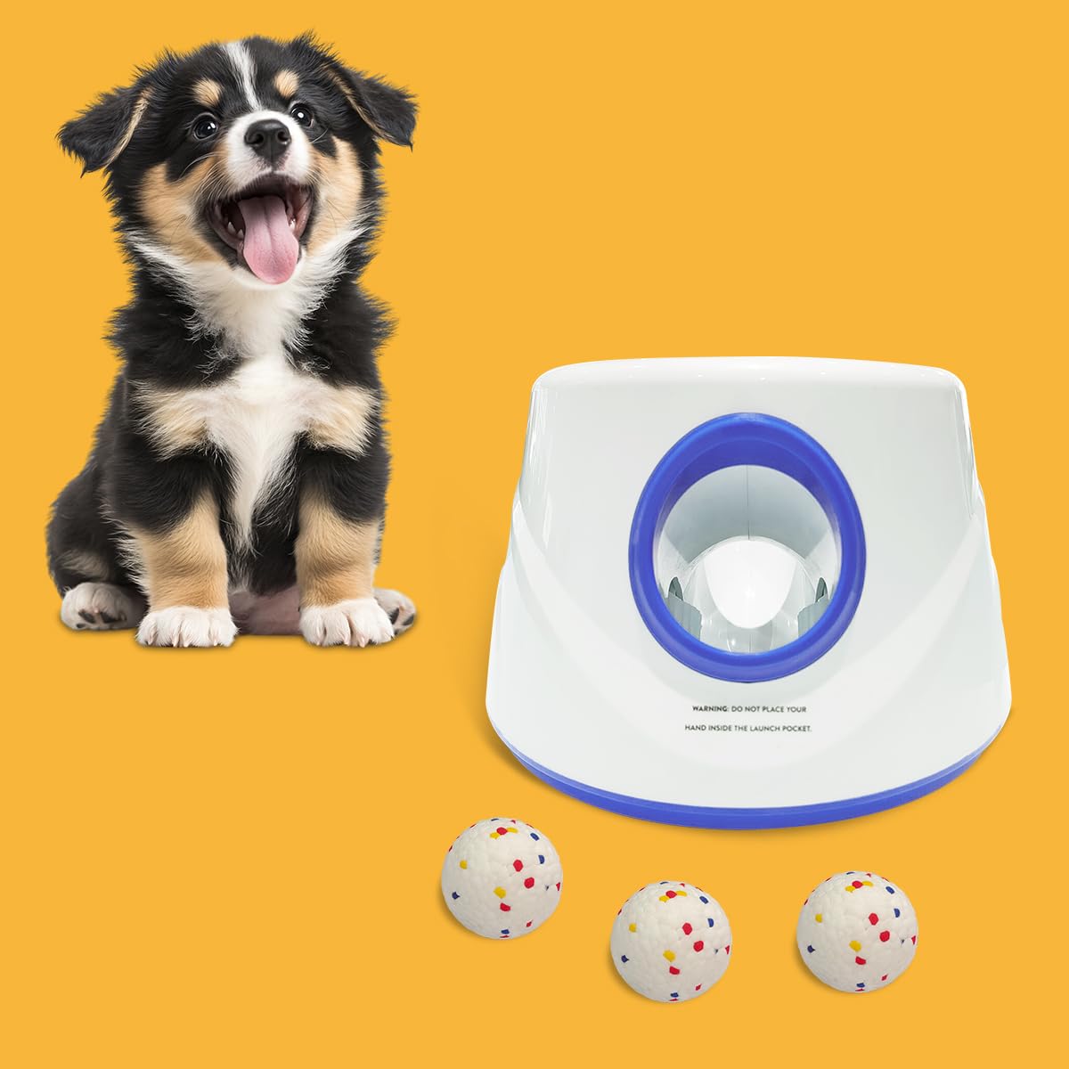 UJQW Automatic Dog Ball Launcher - Silent Thrower with 3 Adjustable Distances (20ft/33ft/46ft) - Rechargeable, Includes 3 Durable 2.3-inch Balls for Small/Medium Dogs (Blue)