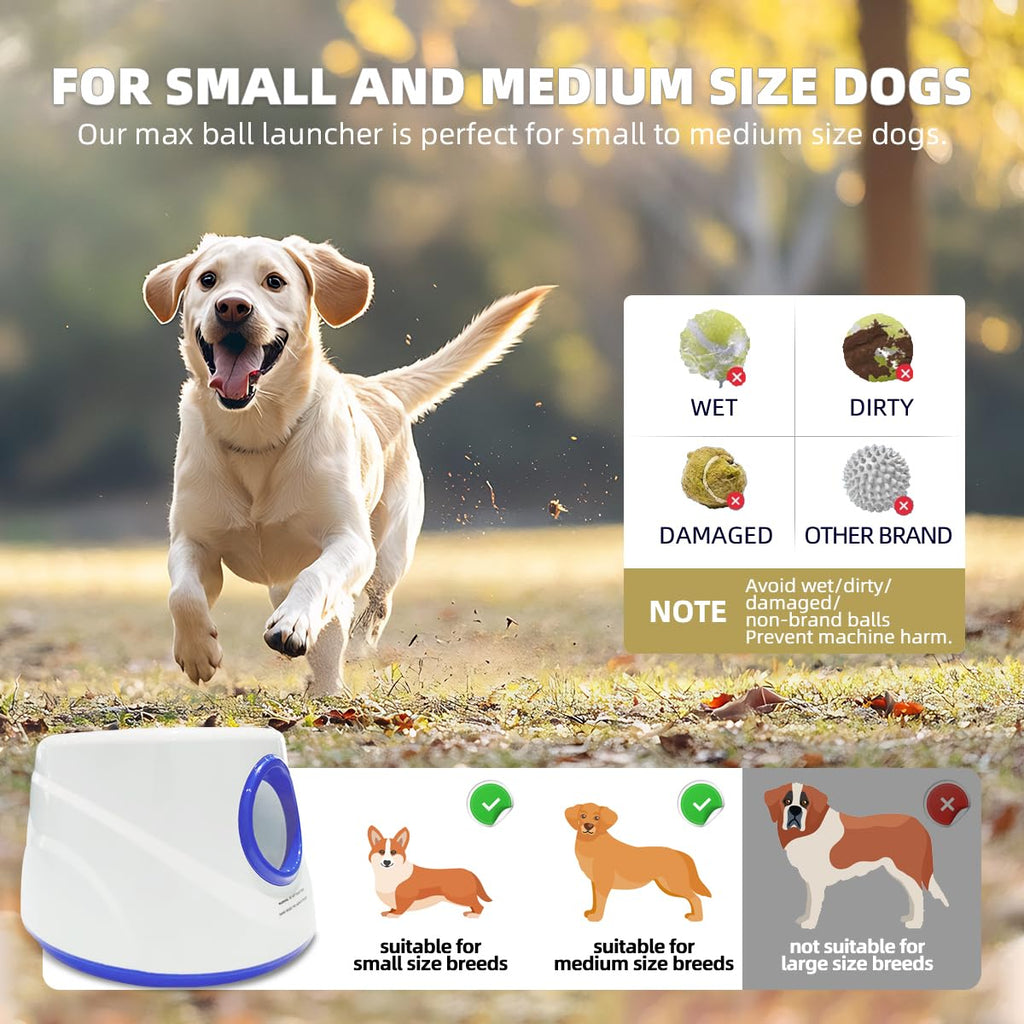 UJQW Automatic Dog Ball Launcher - Silent Thrower with 3 Adjustable Distances (20ft/33ft/46ft) - Rechargeable, Includes 3 Durable 2.3-inch Balls for Small/Medium Dogs (Blue)
