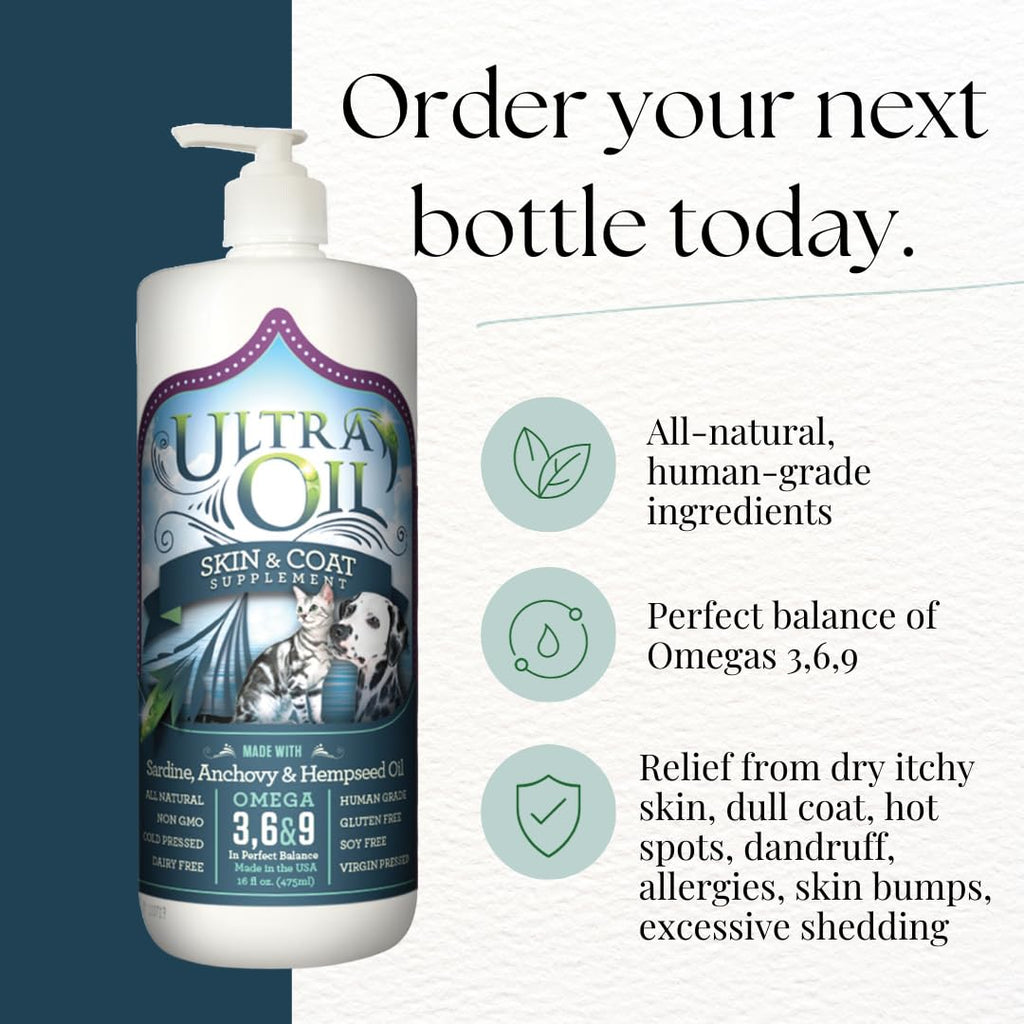 Ultra Oil Skin & Coat Supplement for Dogs & Cats — Hemp Seed, Flaxseed, Grape Seed & Fish Oils — 128 oz