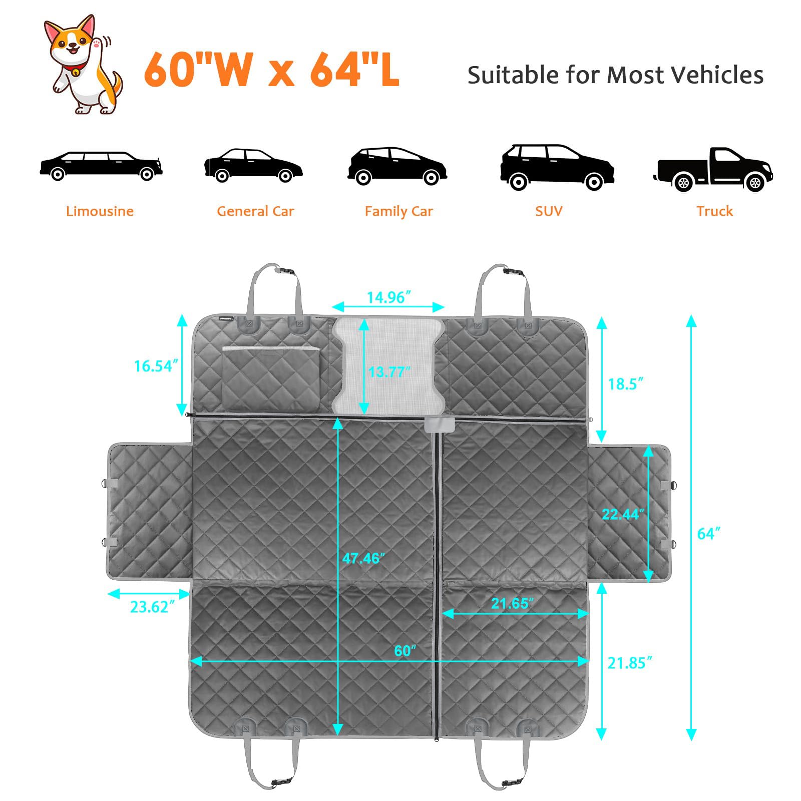 URPOWER 6-in-1 Dog Car Seat Cover – Waterproof Back Seat Protector
