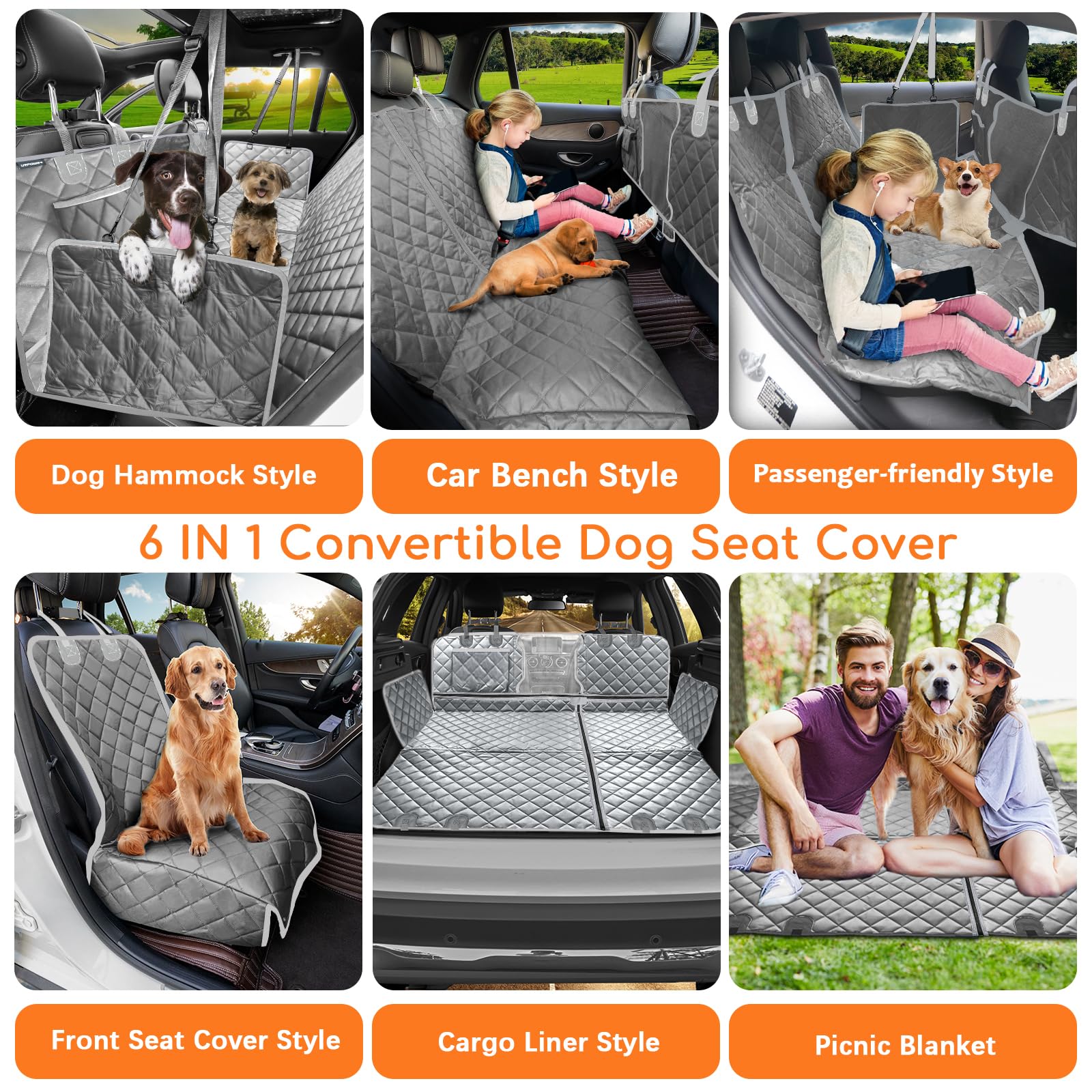 URPOWER 6-in-1 Dog Car Seat Cover – Waterproof Back Seat Protector