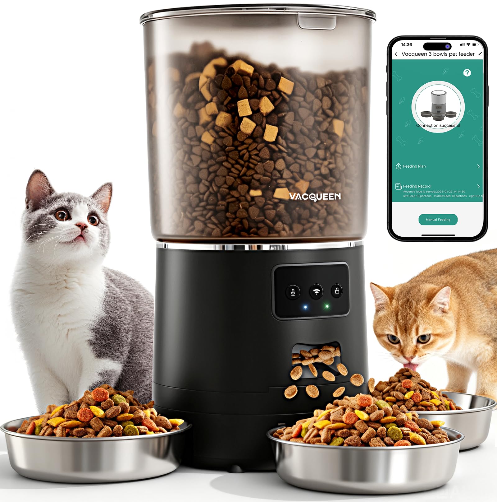 Vacqueen Automatic Cat Feeder for 3 Cats — 6L Smart WiFi Dispenser with Anti-Jam & Voice Recorder