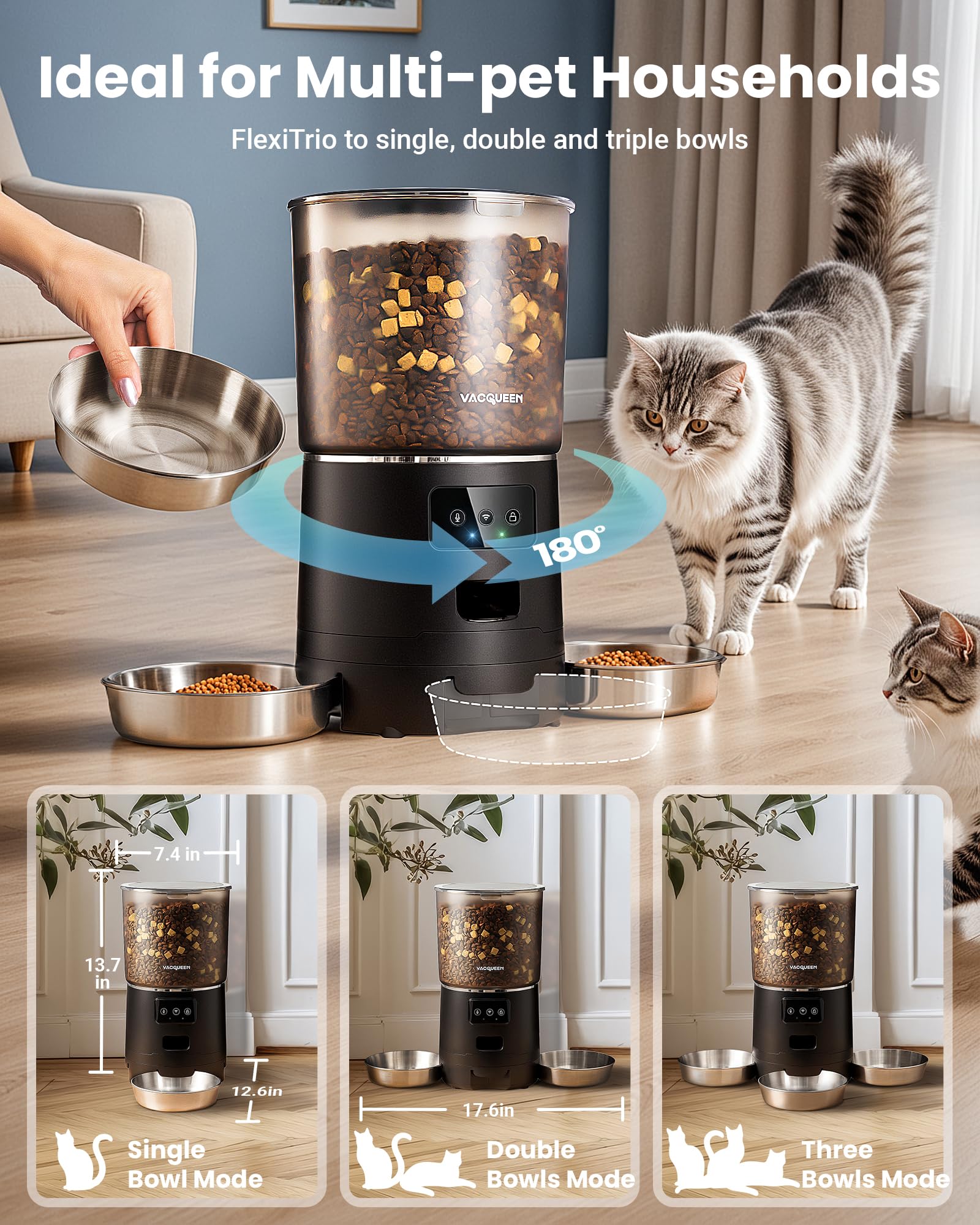 Vacqueen Automatic Cat Feeder for 3 Cats — 6L Smart WiFi Dispenser with Anti-Jam & Voice Recorder