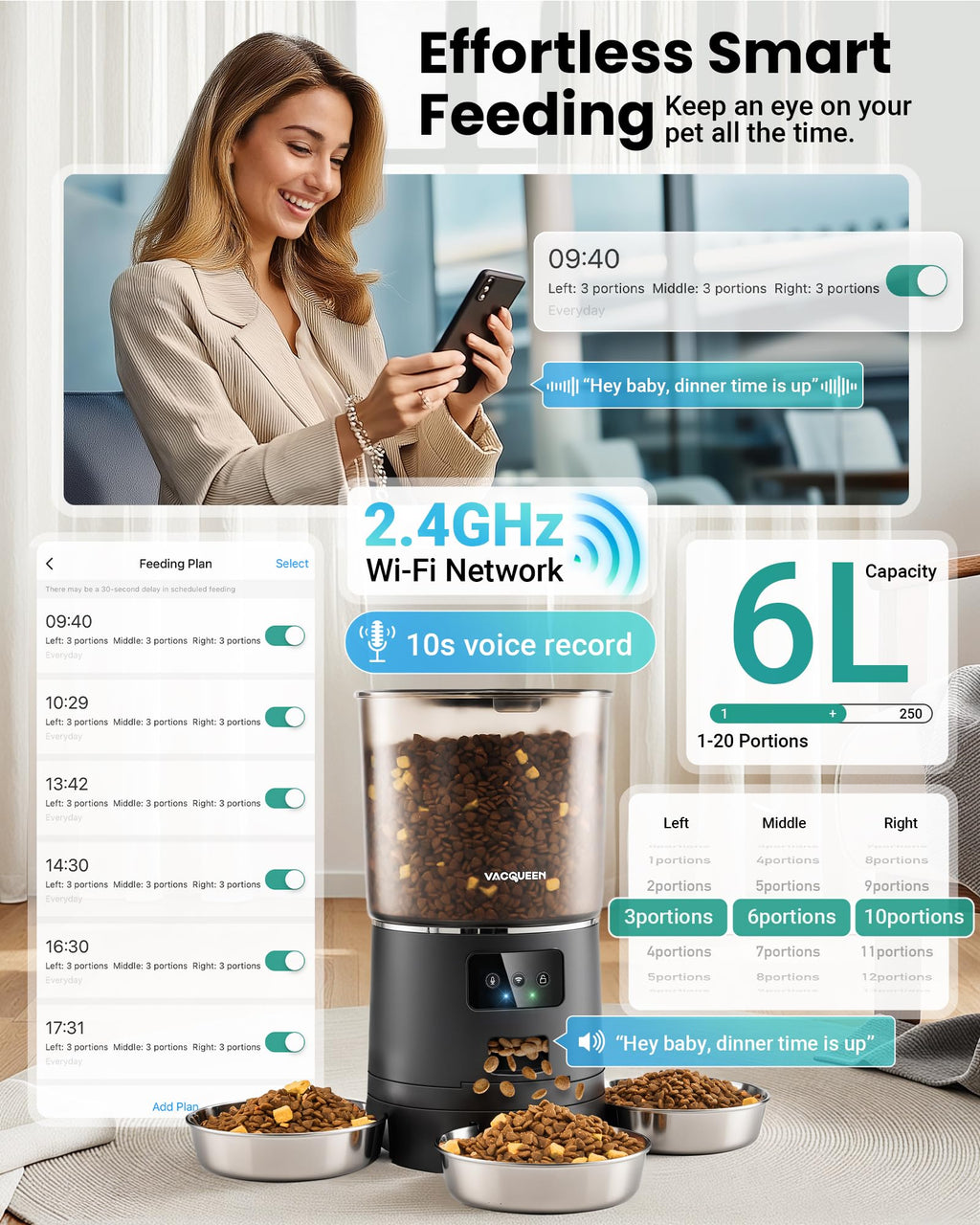 Vacqueen Automatic Cat Feeder for 3 Cats — 6L Smart WiFi Dispenser with Anti-Jam & Voice Recorder