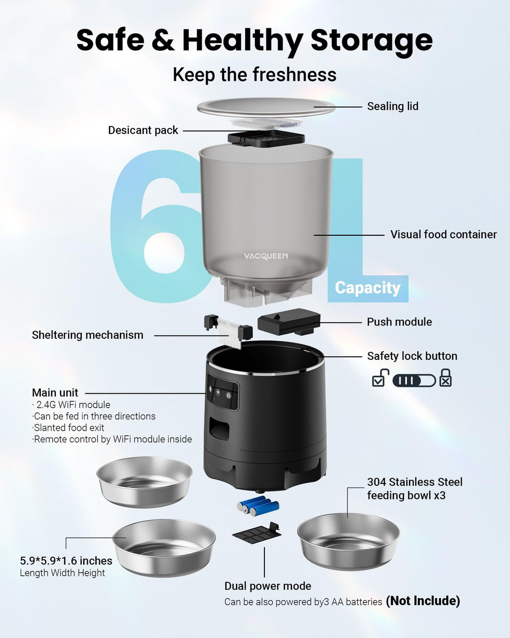 Vacqueen Automatic Cat Feeder for 3 Cats — 6L Smart WiFi Dispenser with Anti-Jam & Voice Recorder