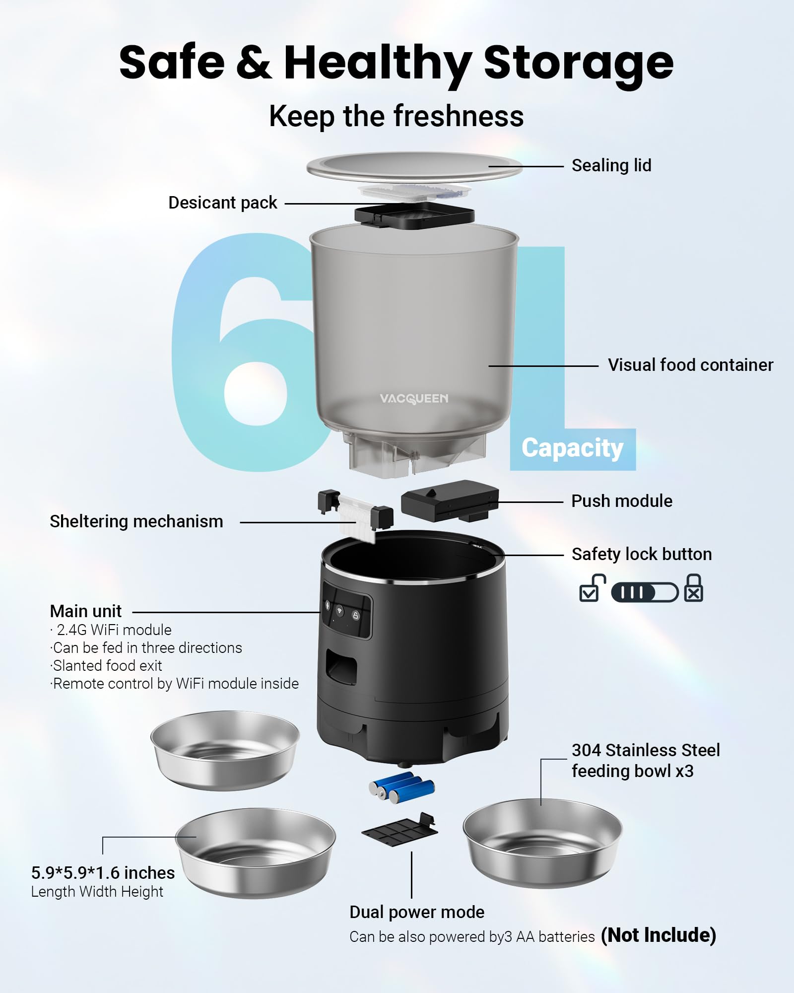 Vacqueen Automatic Cat Feeder for 3 Cats — 6L Smart WiFi Dispenser with Anti-Jam & Voice Recorder