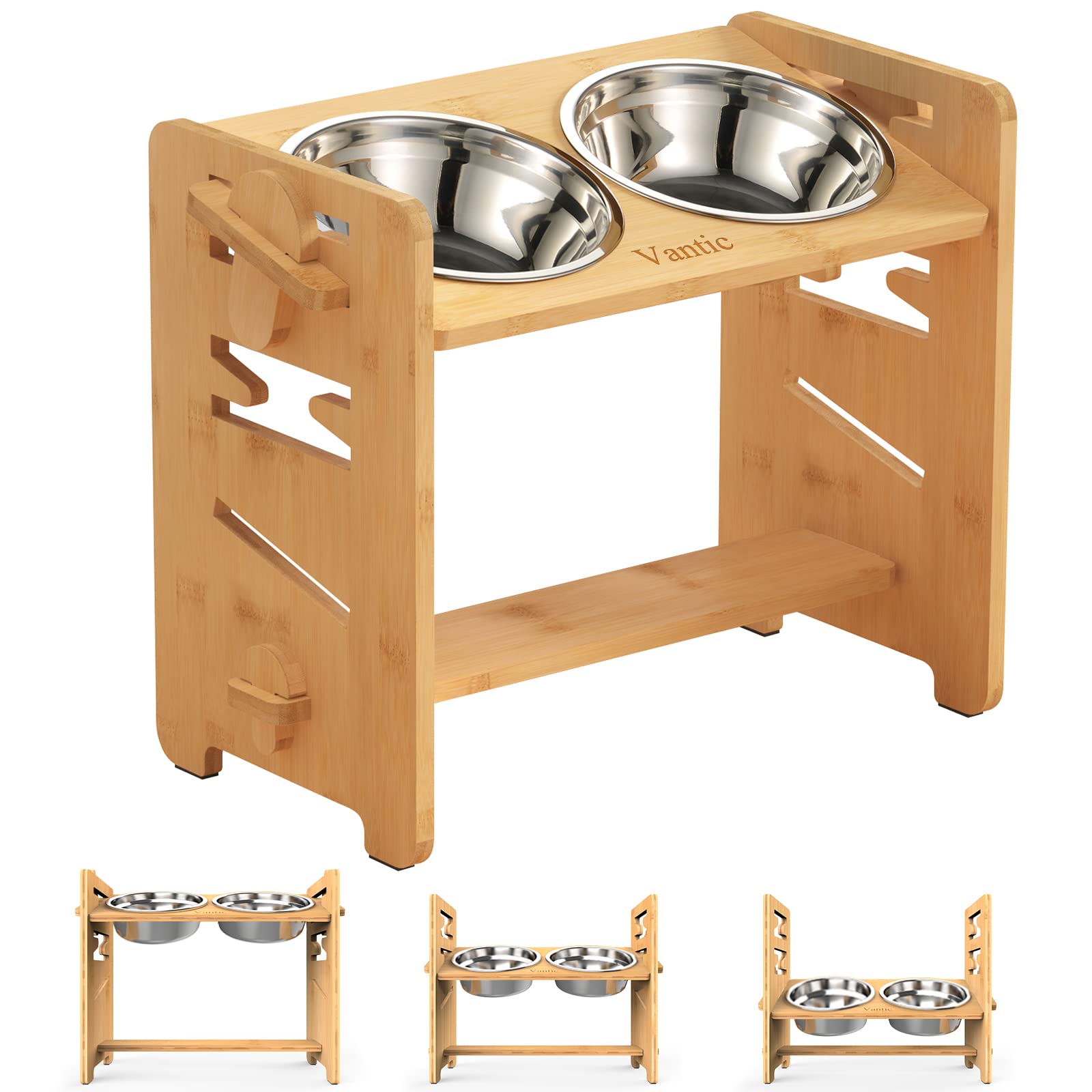 Vantic Elevated Dog Bowls — Adjustable Raised Stand for Medium-Sized Pets, Bamboo & Stainless Steel Dishes