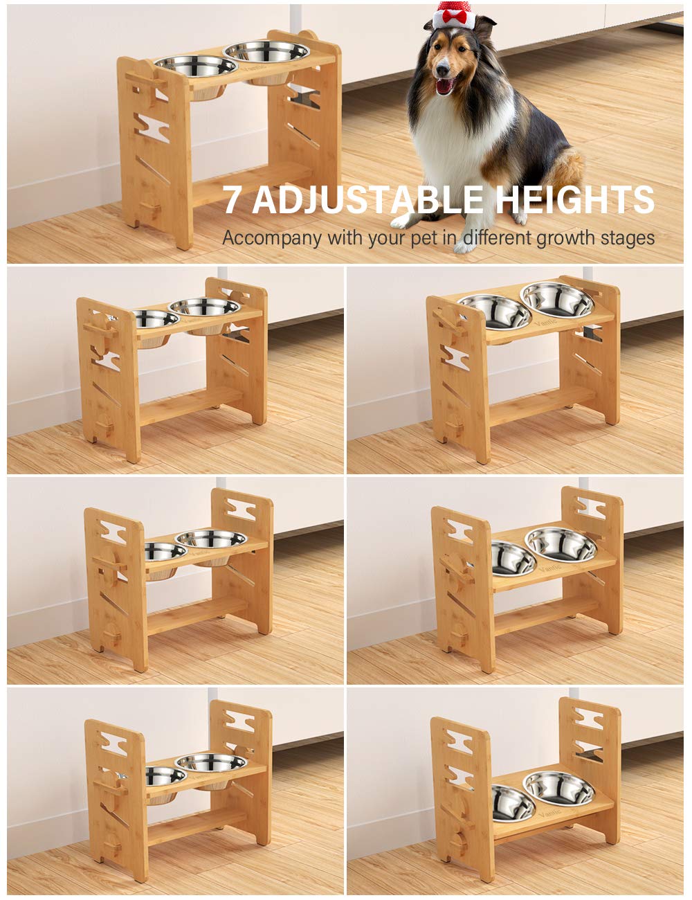 Vantic Elevated Dog Bowls — Adjustable Raised Stand for Medium-Sized Pets, Bamboo & Stainless Steel Dishes