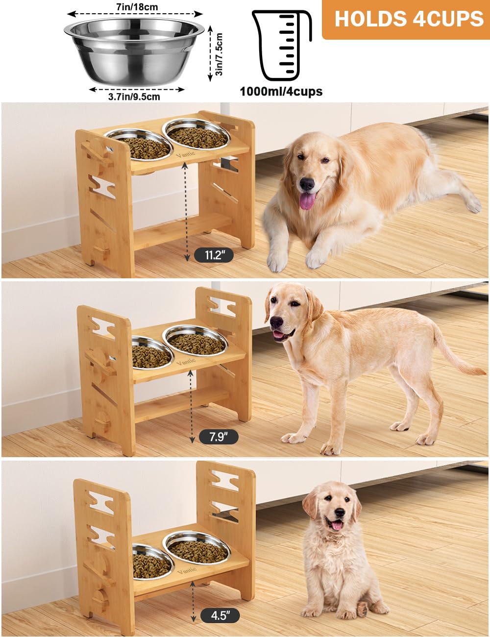 Vantic Elevated Dog Bowls — Adjustable Raised Stand for Medium-Sized Pets, Bamboo & Stainless Steel Dishes