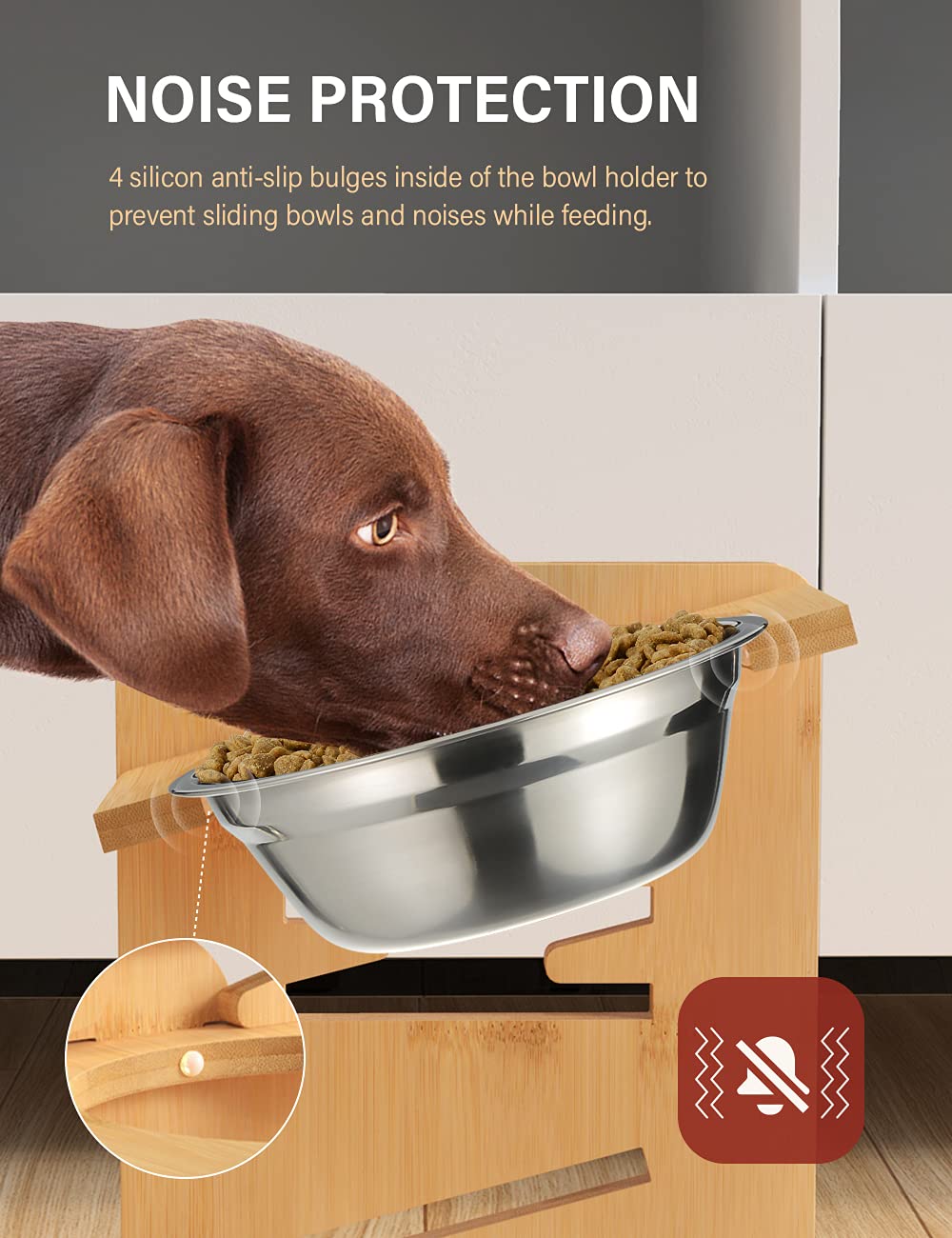 Vantic Elevated Dog Bowls — Adjustable Raised Stand for Medium-Sized Pets, Bamboo & Stainless Steel Dishes