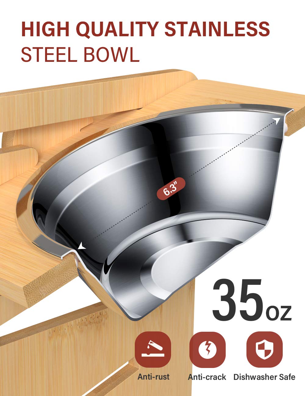 Vantic Elevated Dog Bowls — Adjustable Raised Stand for Medium-Sized Pets, Bamboo & Stainless Steel Dishes
