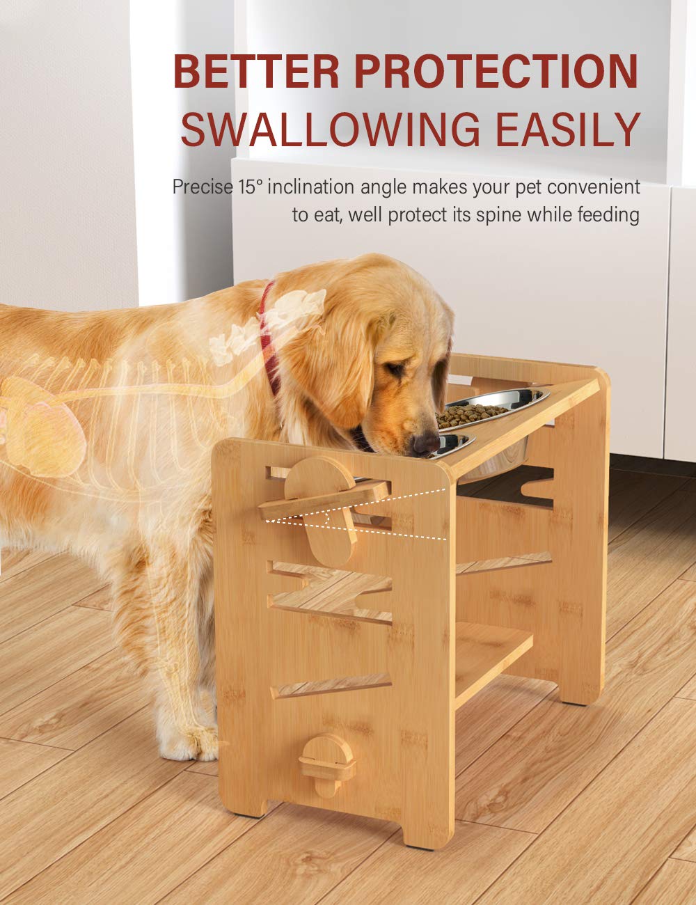 Vantic Elevated Dog Bowls — Adjustable Raised Stand for Medium-Sized Pets, Bamboo & Stainless Steel Dishes