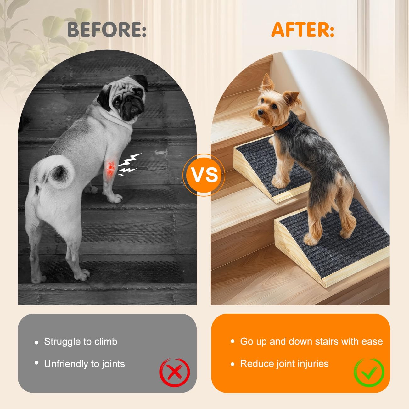 VavoPaw Dog Ramp for Stairs – Non-Slip Wooden Pet Steps (2-Pack, Light Wood)
