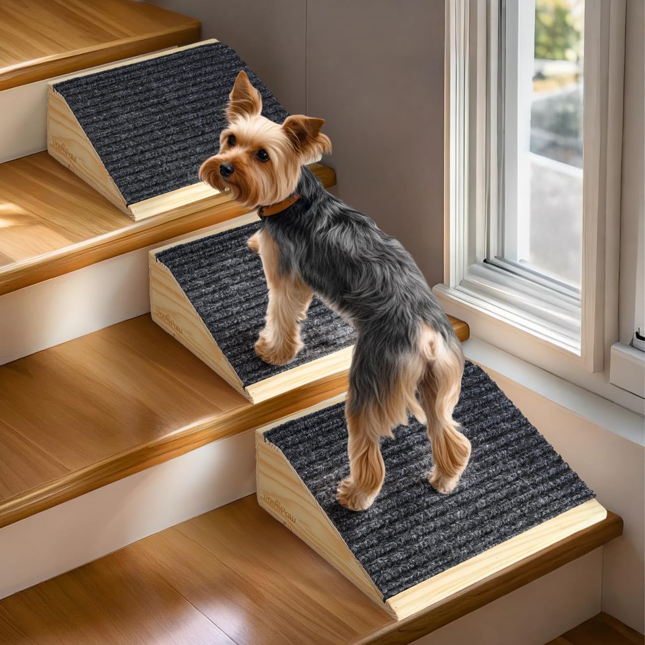 VavoPaw Dog Ramp for Stairs – Non-Slip Wooden Pet Steps (2-Pack, Light Wood)