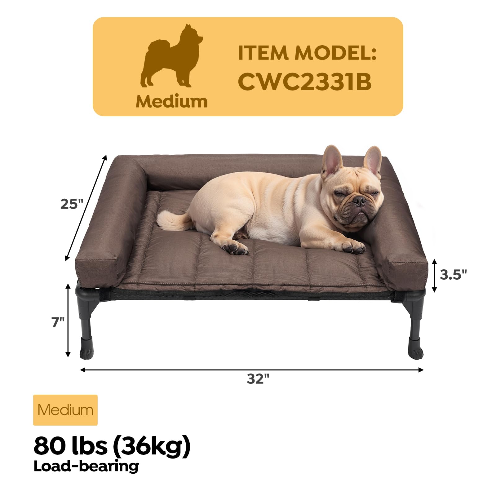 Veehoo Cooling Elevated Dog Bed – Raised Pet Cot with Waterproof Bolster Cushion (Medium, Brown)