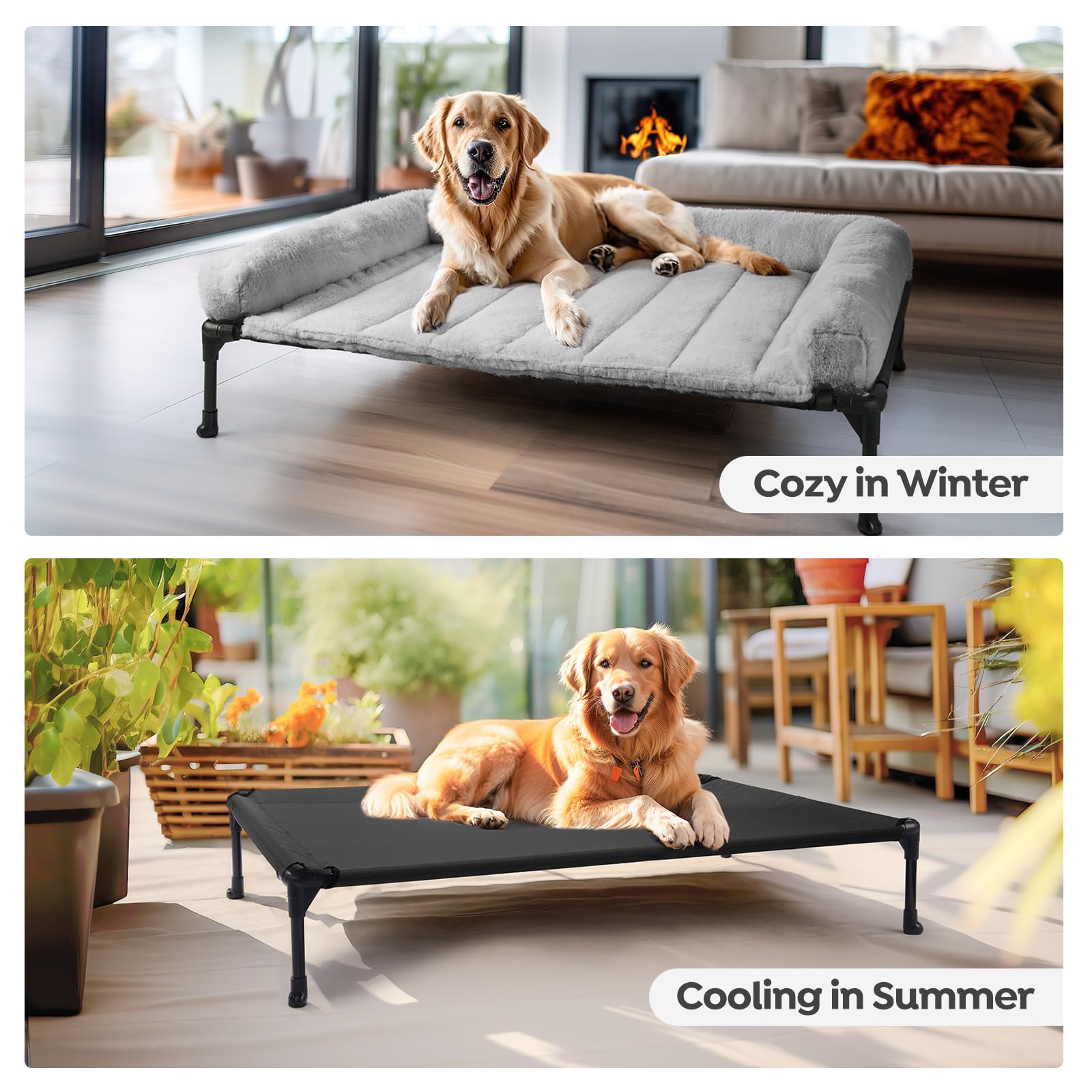 Veehoo Cooling Elevated Dog Bed – Large 42x30 in, Plush Bolster, Grey