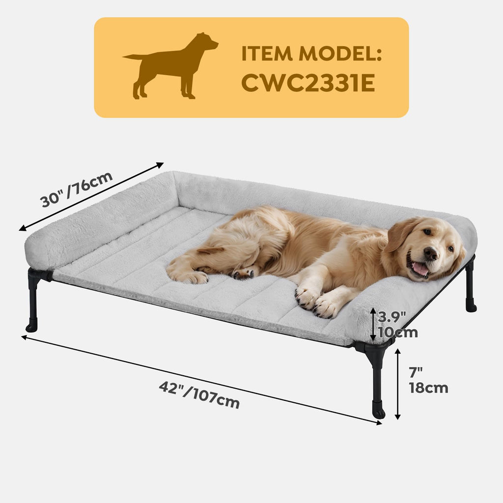 Veehoo Cooling Elevated Dog Bed – Large 42x30 in, Plush Bolster, Grey