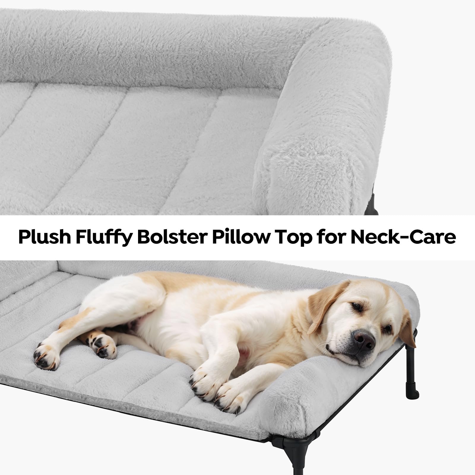 Veehoo Cooling Elevated Dog Bed – Large 42x30 in, Plush Bolster, Grey
