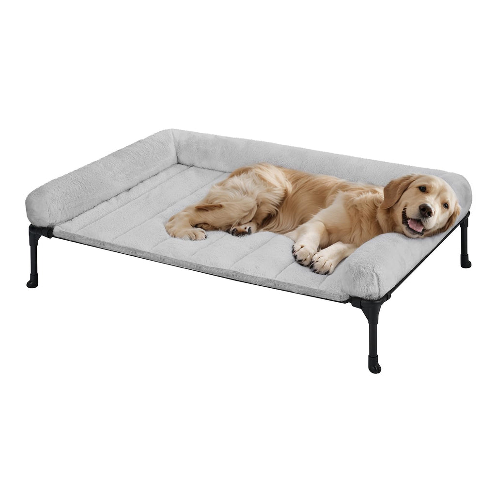 Veehoo Cooling Elevated Dog Bed – Large 42x30 in, Plush Bolster, Grey
