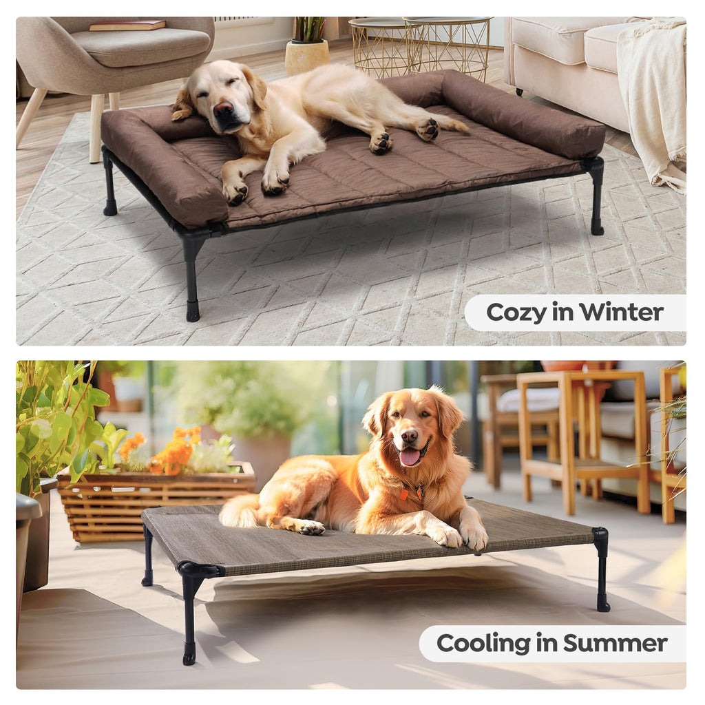 Veehoo Cooling Elevated Dog Bed – Raised Pet Cot with Waterproof Bolster Cushion (Medium, Brown)