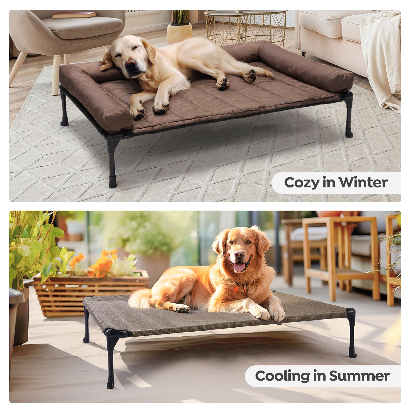 Veehoo Cooling Elevated Dog Bed – Raised Pet Cot with Waterproof Bolster Cushion (Medium, Brown)