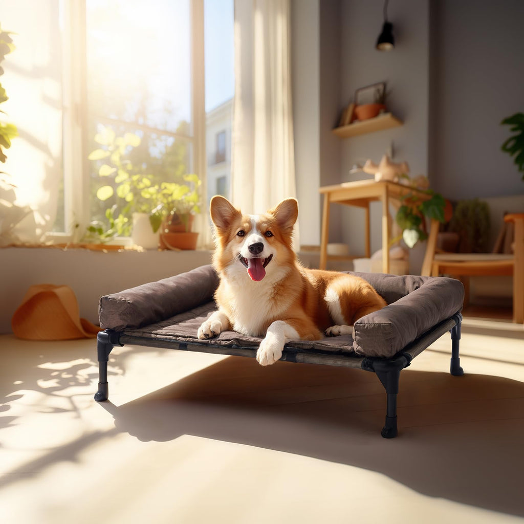 Veehoo Cooling Elevated Dog Bed – Raised Pet Cot with Waterproof Bolster Cushion (Medium, Brown)