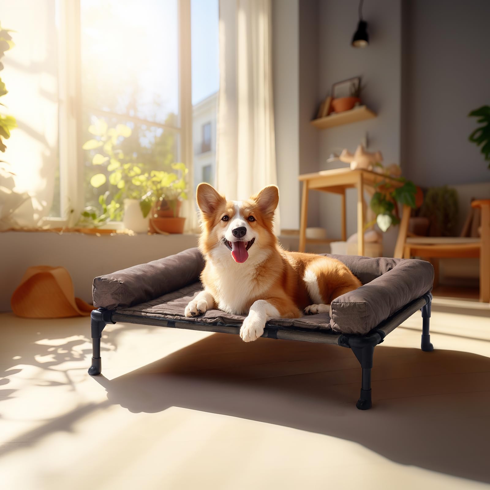 Veehoo Cooling Elevated Dog Bed – Raised Pet Cot with Waterproof Bolster Cushion (Medium, Brown)