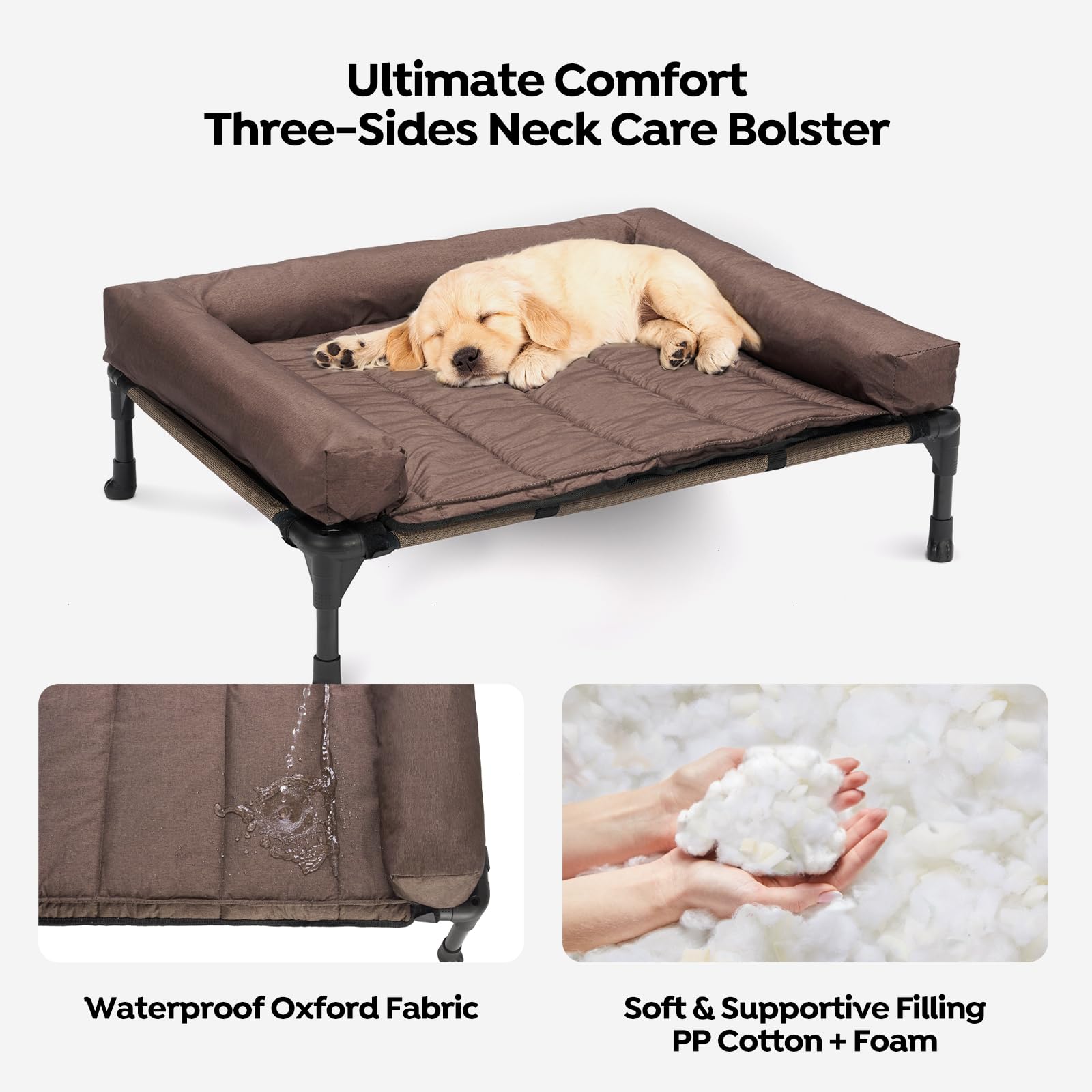 Veehoo Cooling Elevated Dog Bed – Raised Pet Cot with Waterproof Bolster Cushion (Medium, Brown)