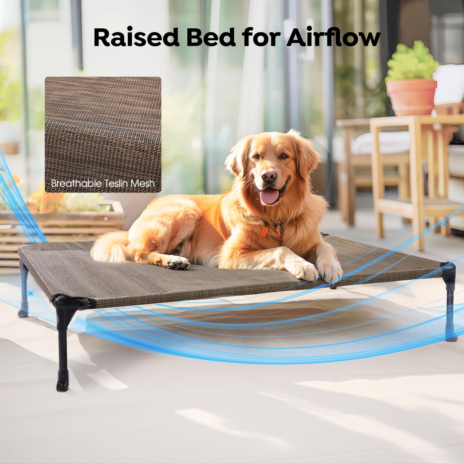 Veehoo Cooling Elevated Dog Bed – Raised Pet Cot with Waterproof Bolster Cushion (Medium, Brown)