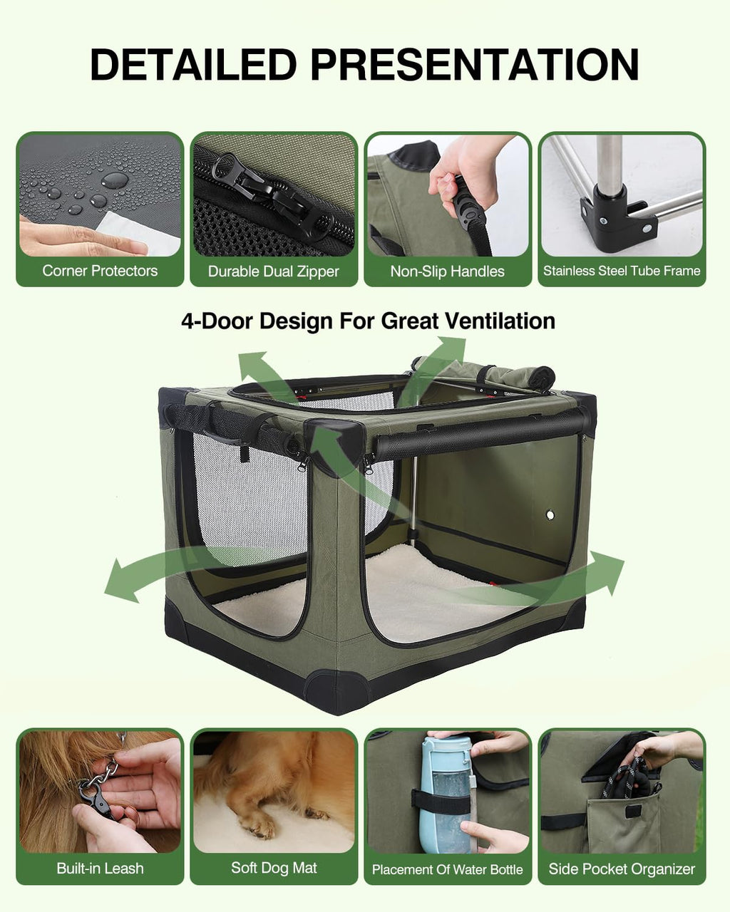 Veraste 33-Inch Collapsible Travel Dog Crate for Medium-Large Dogs | Portable 4-Door Soft Kennel with Mesh Windows