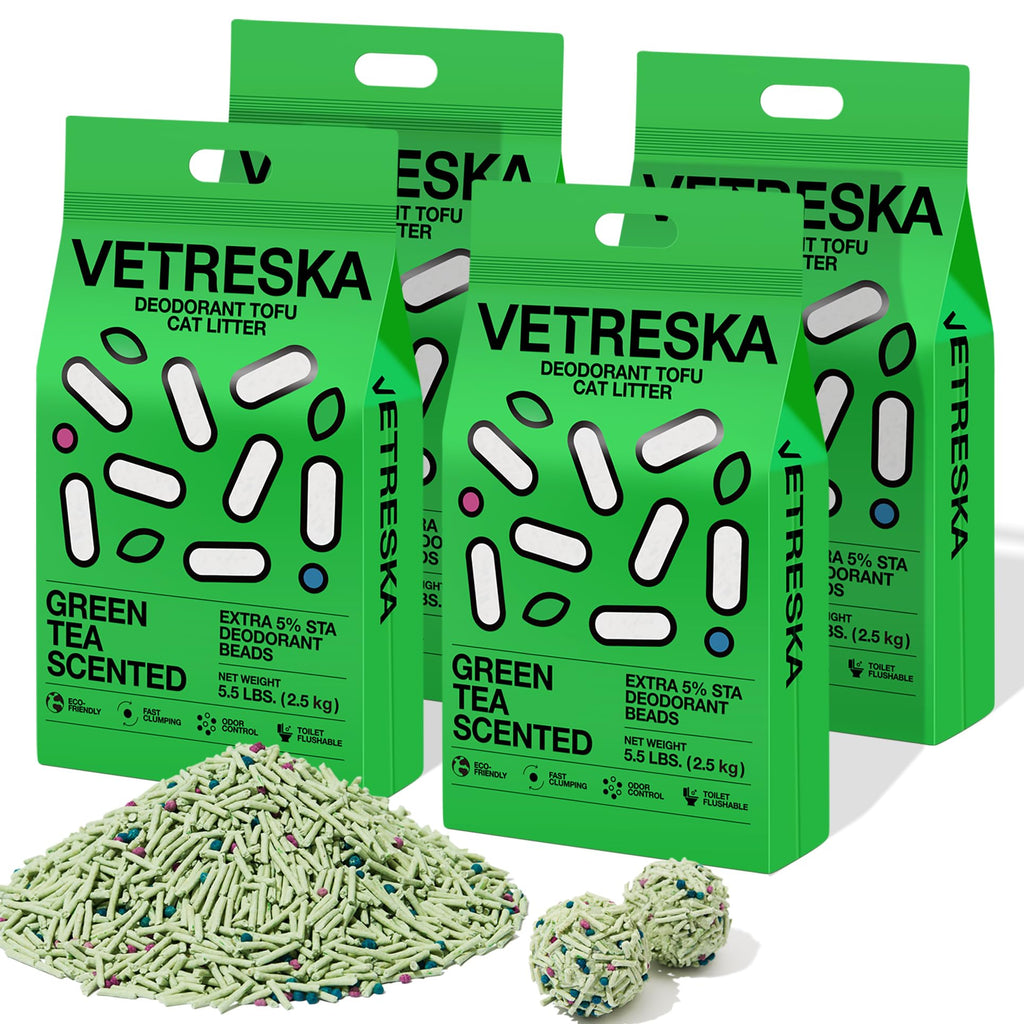 VETRESKA Tofu Cat Litter – Natural Clumping, Flushable, Green Tea Odor Control (5.5lb×4 bags)