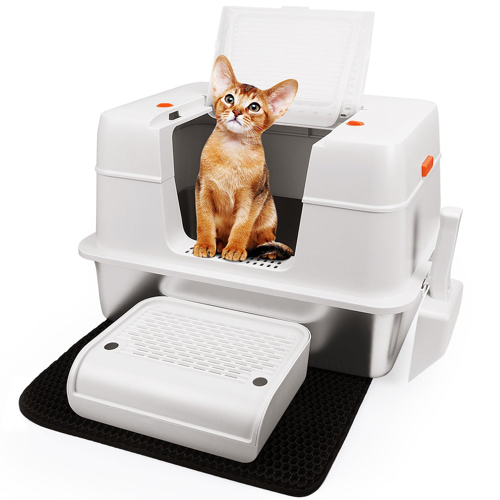 Vivifying Stainless Steel Litter Box with Lid | XL Side Entry for Big Cats (Beige)