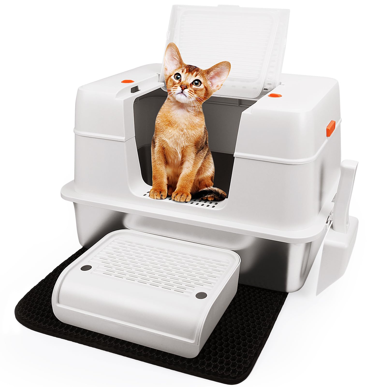 Vivifying Stainless Steel Litter Box with Lid | XL Side Entry for Big Cats (Beige)