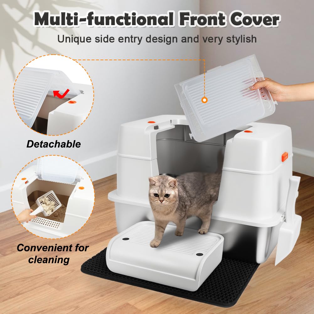 Vivifying Stainless Steel Litter Box with Lid | XL Side Entry for Big Cats (Beige)