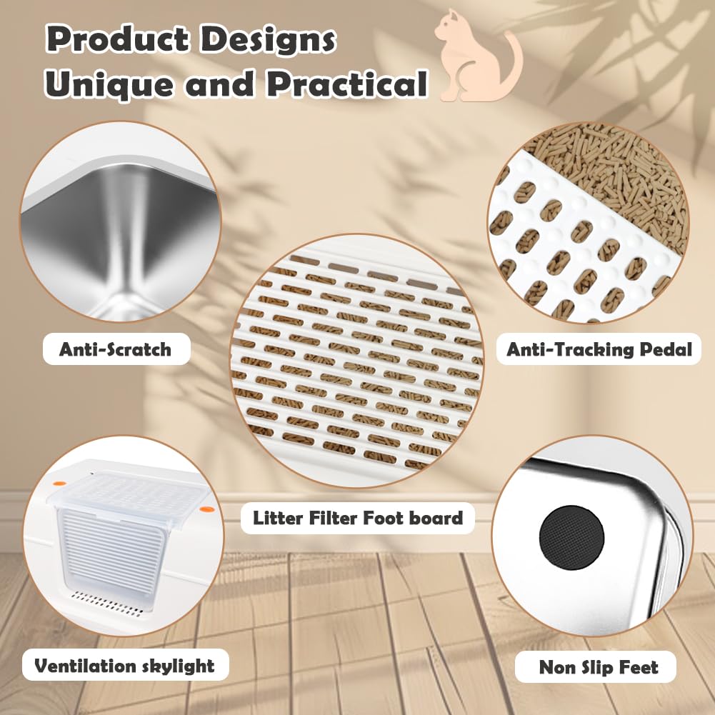 Vivifying Stainless Steel Litter Box with Lid | XL Side Entry for Big Cats (Beige)