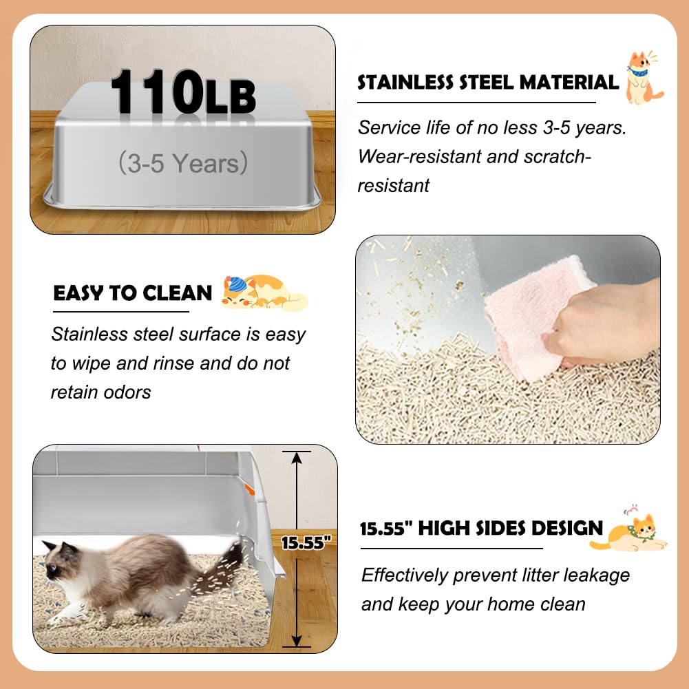 Vivifying Stainless Steel Litter Box with Lid | XL Side Entry for Big Cats (Beige)