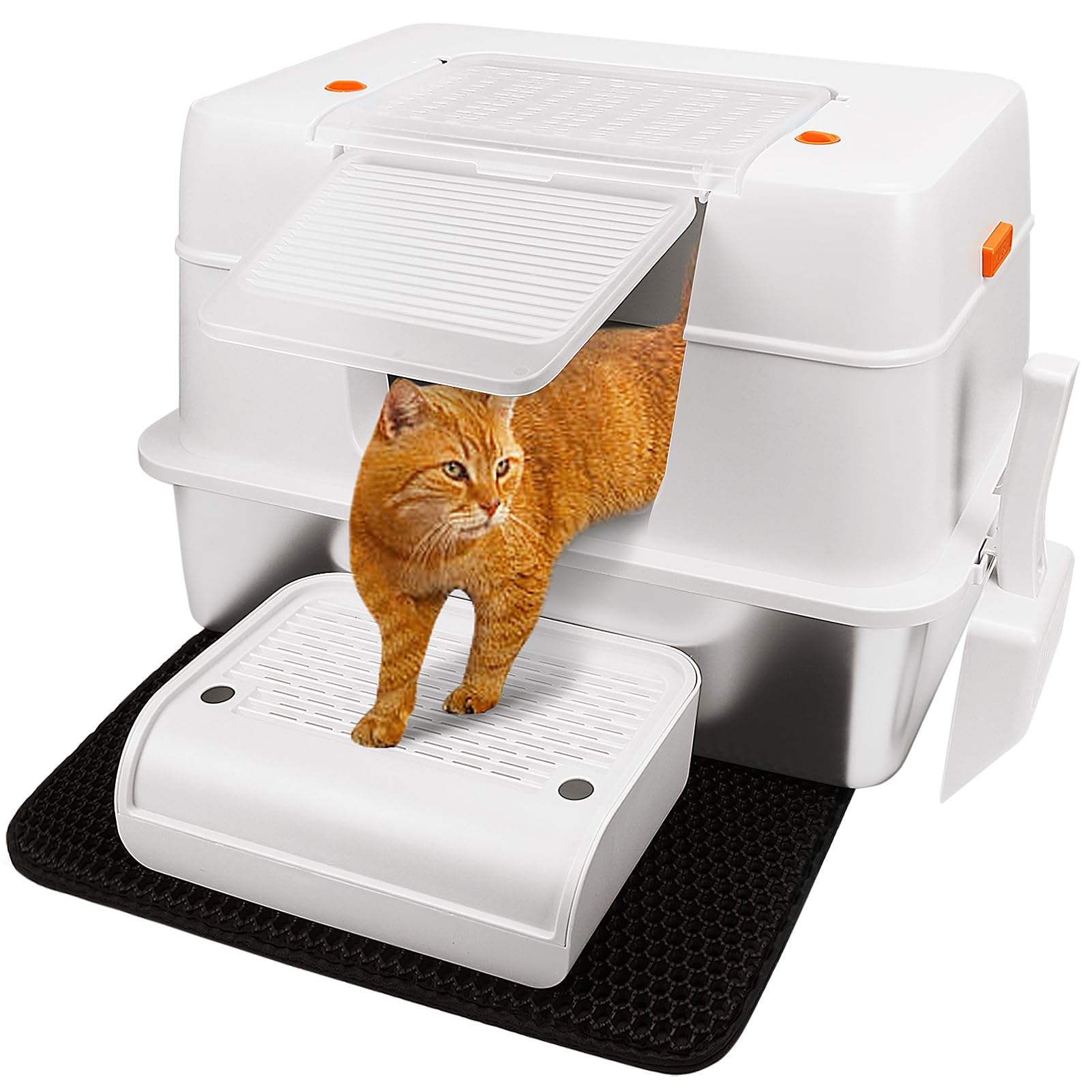 Vivifying Stainless Steel Litter Box with Lid | XL Side Entry for Big Cats (Beige)