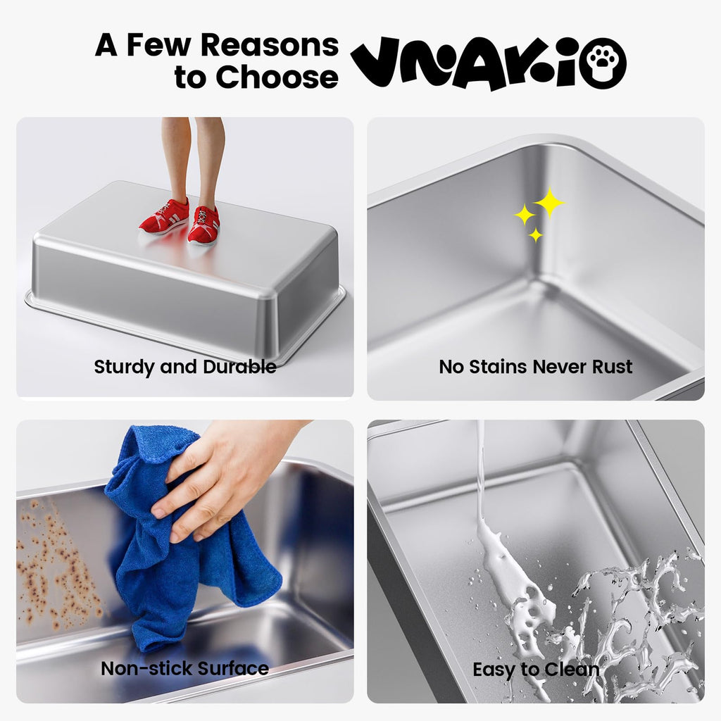 VNAKIO Stainless Steel Cat Litter Box XL – High Sides, Leak-Resistant, Easy Clean