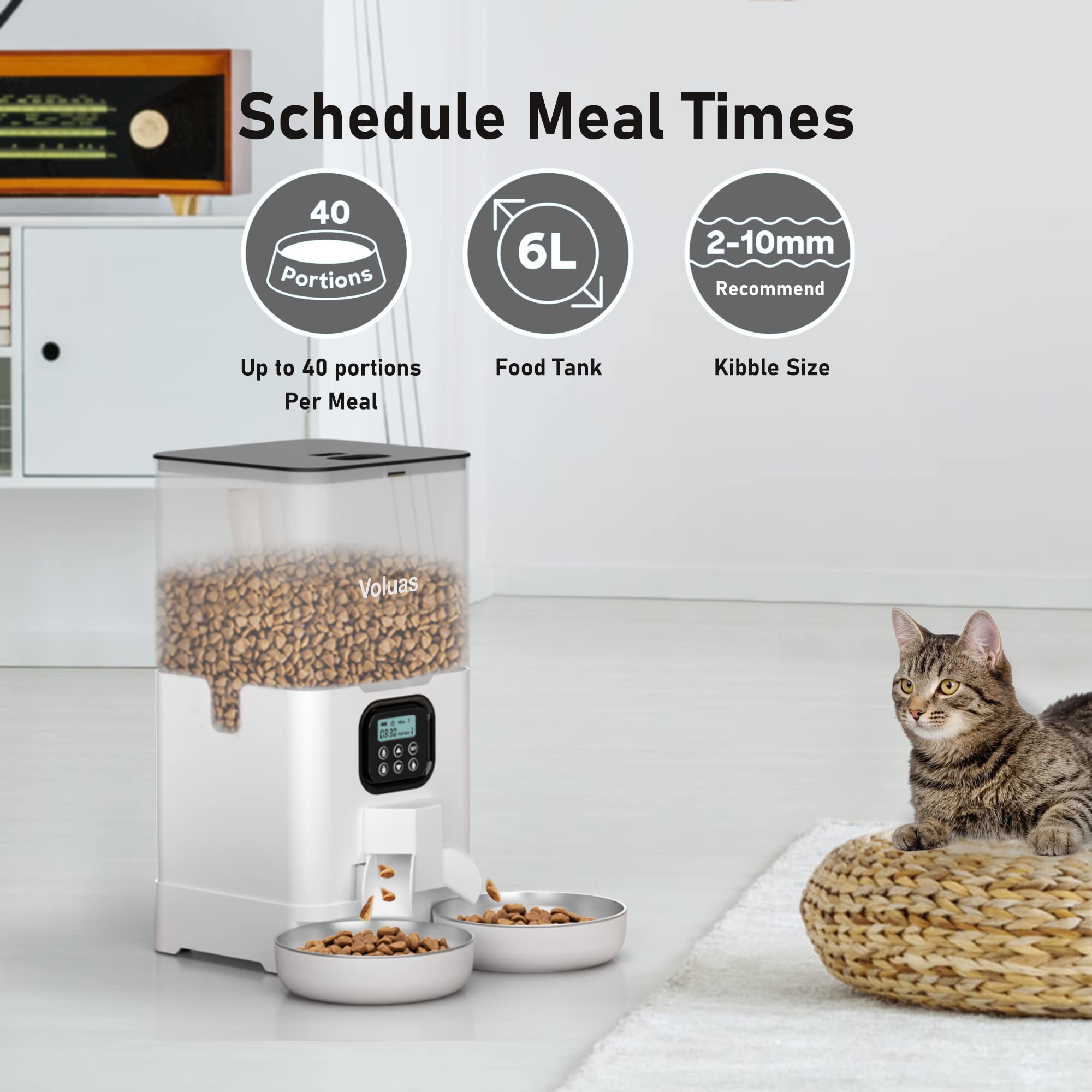 Voluas Automatic Cat Feeder for Two Cats | 6L Dual Bowls, Timed Feeding & Memory Function