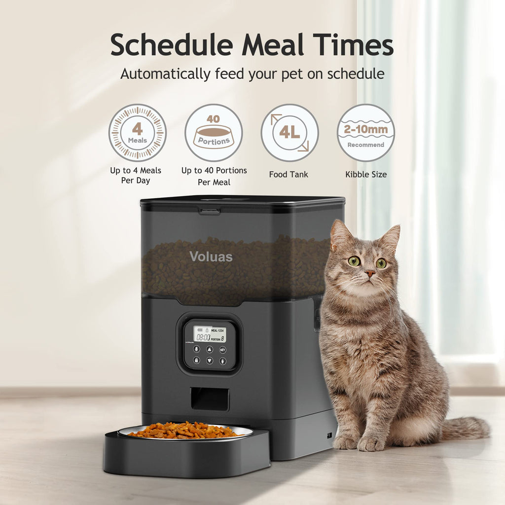 VOLUAS Automatic Cat Feeder – Timed Dispenser, 4 Meals/Day, 4L Capacity, Voice Recorder